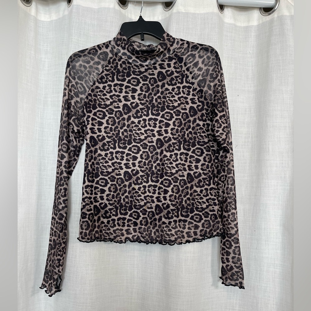 DeaLmore Mesh Leopard Print Long Sleeve Top Lg